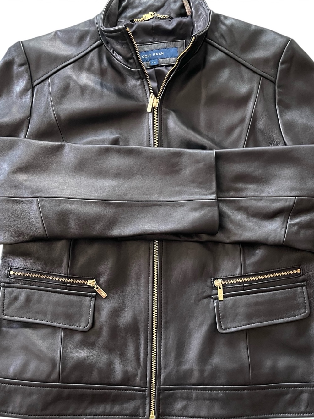 Cole Haan Black Leather Zip-Front Bomber Jacket with Gold Hardware